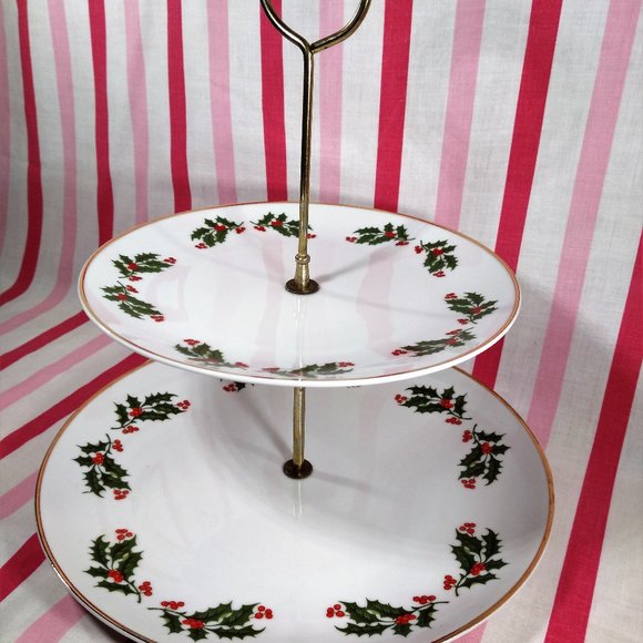 Lovely Mid Century Holly Berry 2 Tier Ceramic Plate Tid Bit Holiday Server Japan - Picture 3 of 13
